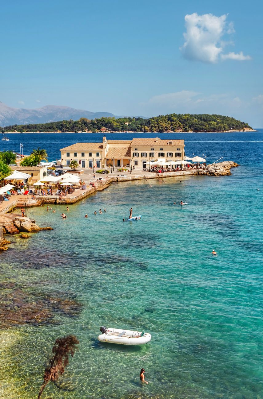 sunny beachfront scene in corfu greece