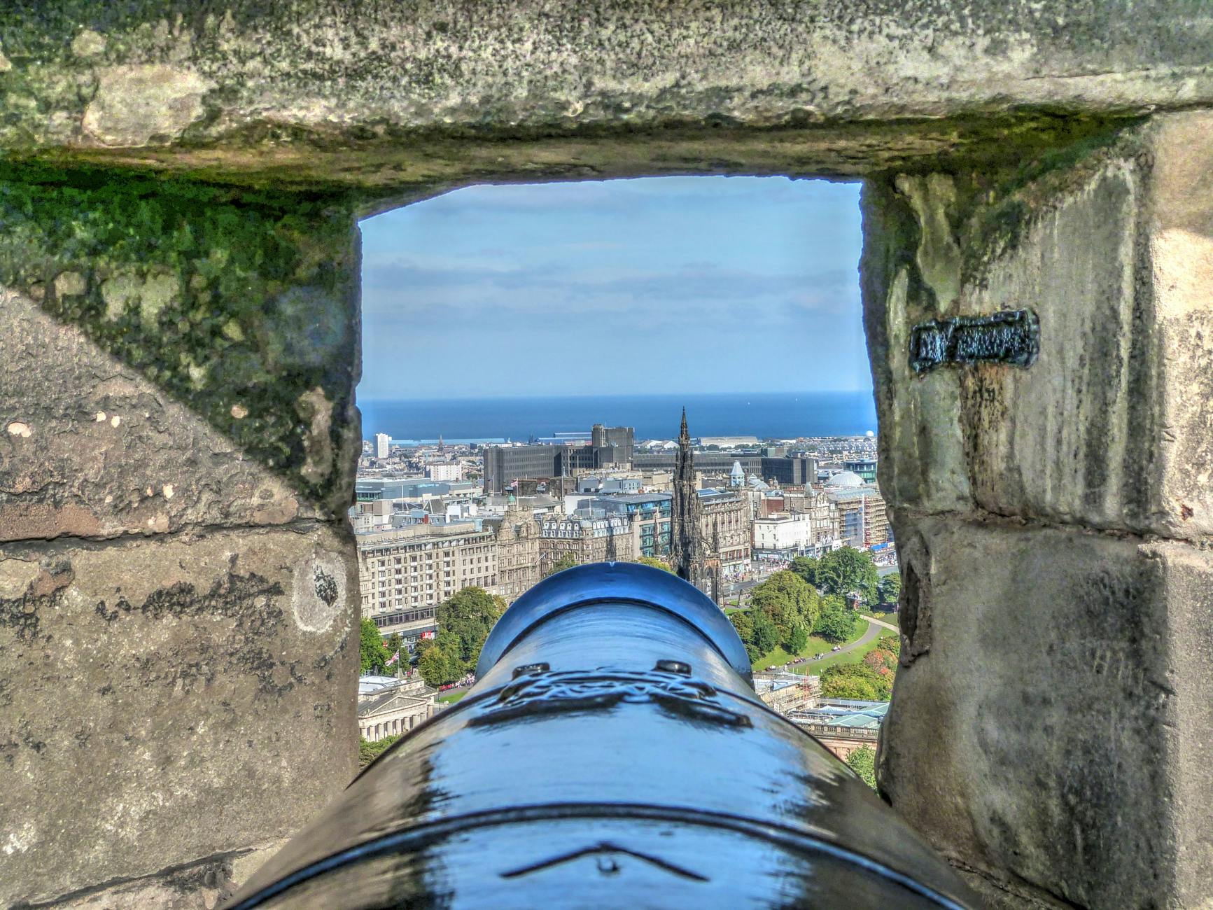 selective focus photography of cannon and buildings