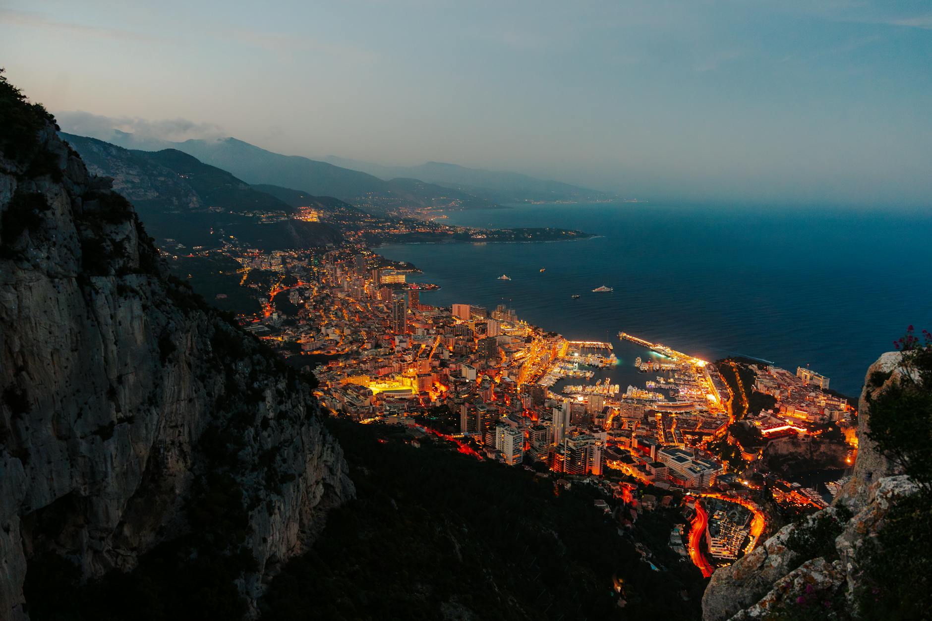 dusk panoramic aerial view of monaco