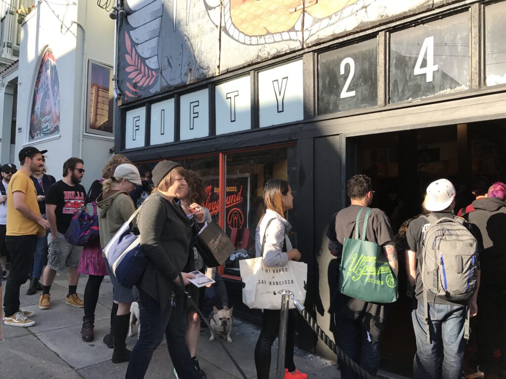Art collectors line up to buy artist Jeremy Fish original art at gallery fifty 24 in San Francisco