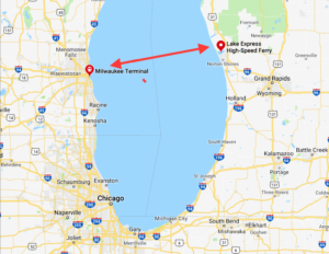 lake michigan, muskegon, milwaukee, map, lake express ferry,