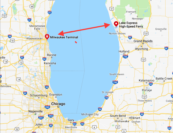 lake michigan, muskegon, milwaukee, map, lake express ferry, 