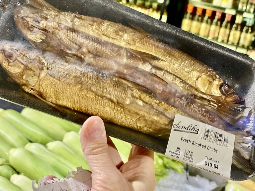 for sale at grocery stores and seafood purveyors, smoked chubs are quite popular. this package is sold at Sendik's