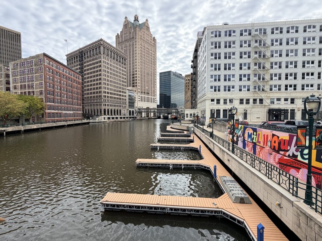 partial view from one of many pedestrian bridges, showing the Milwaukee Rover and the adjacent RiverWalk