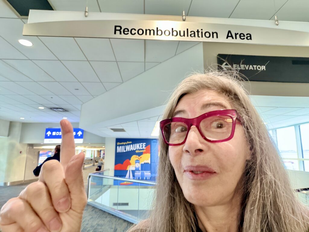 Recombobulation Areas are designated spots after airport security where people gather their belongings after being discombobulated