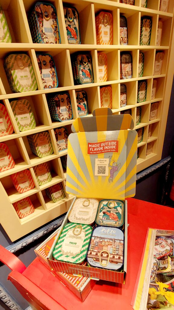 Decorative gift box of Portuguese canned sardines in a specialty food shop in Porto
