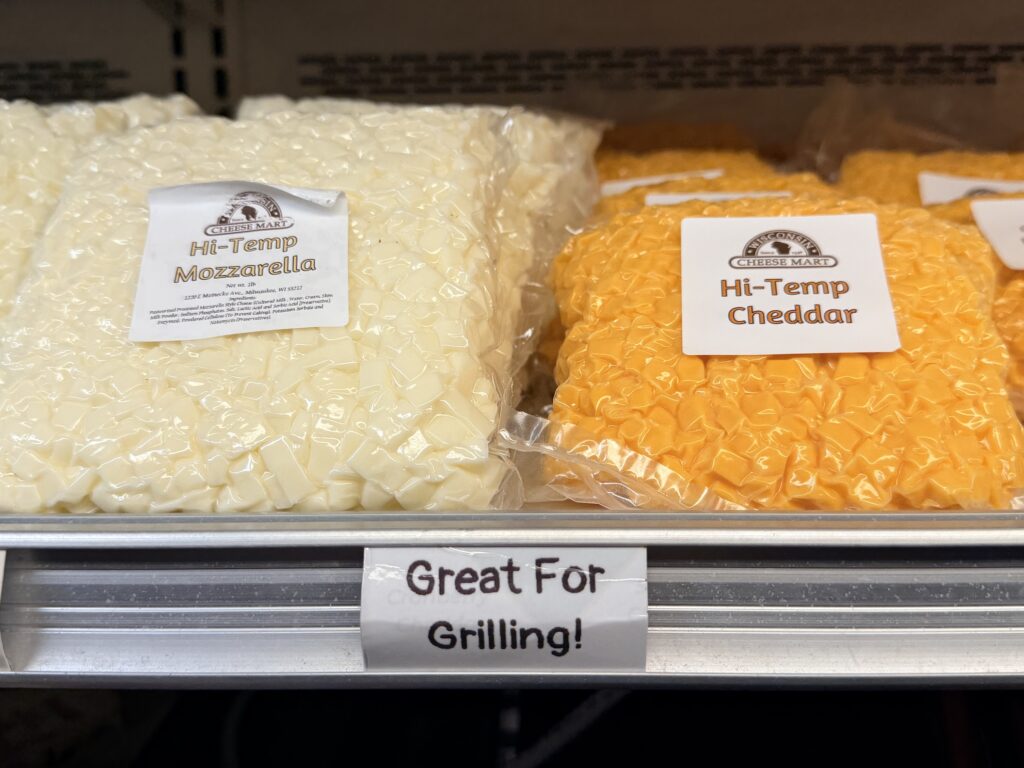 cheese curds displayed for sale. the high-smoke version is great for BBQ