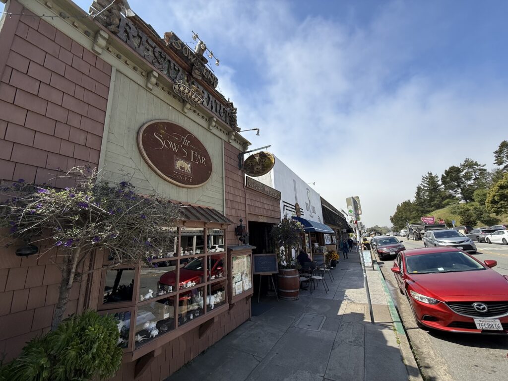 Cambria, California USA - Sow's Ear Restaurant along Main Street highlighting vintage architecture