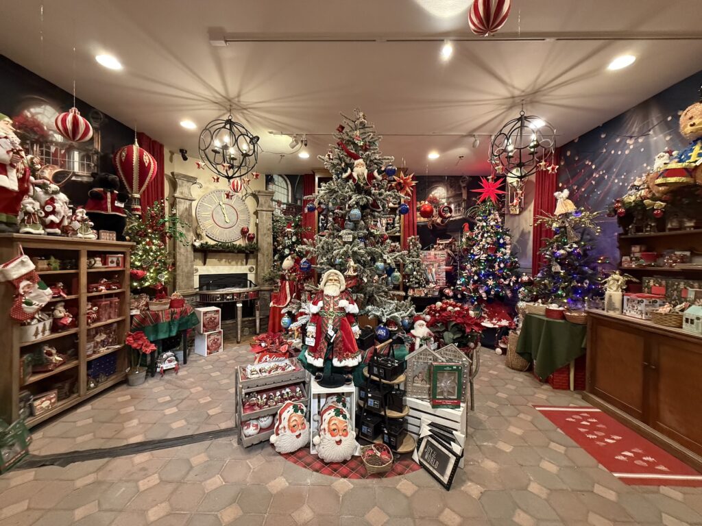 Cambria California gift shop filled with Christmas decorations for sale
