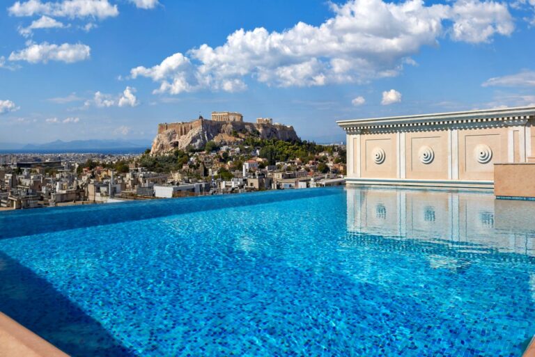 Hotel Grande Bretagne rooftop view of the Acropolis in Athens Greece
